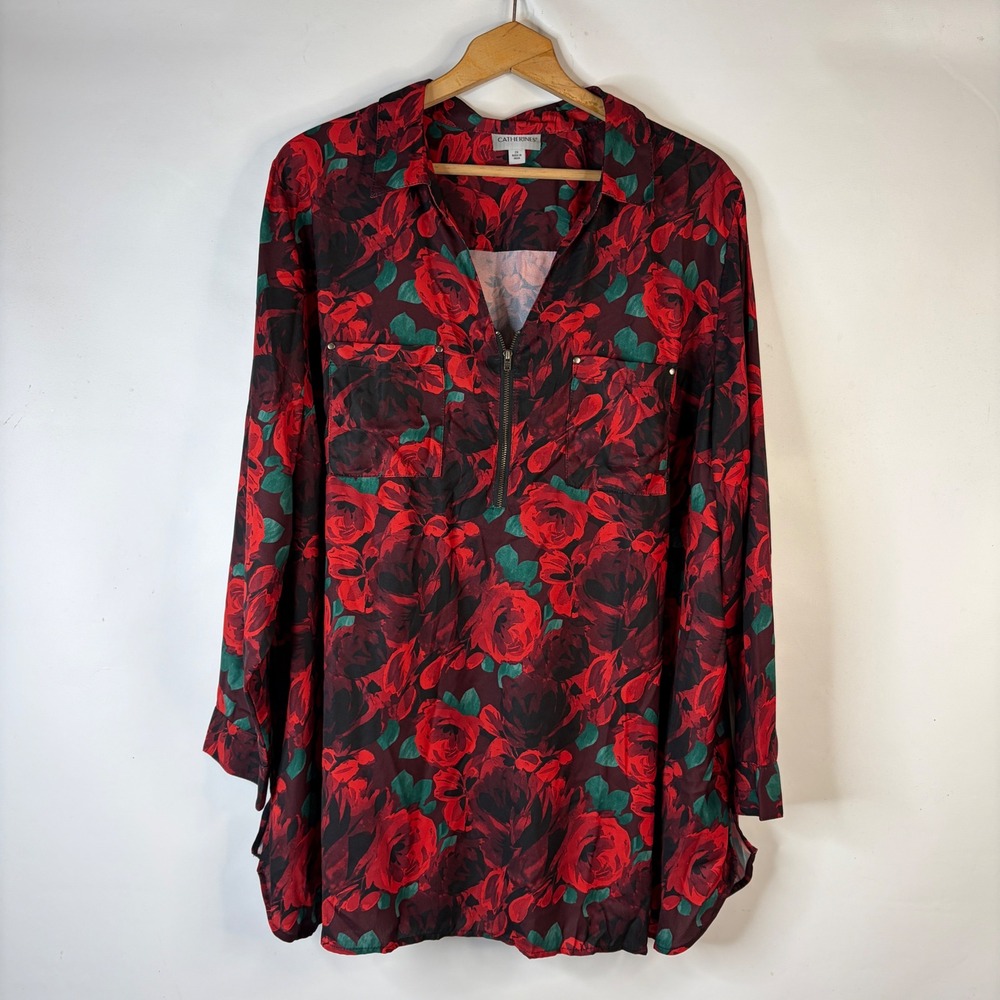 Catherines Tunic Women 2X Red Floral Zip Front Pockets Long Sleeve Top